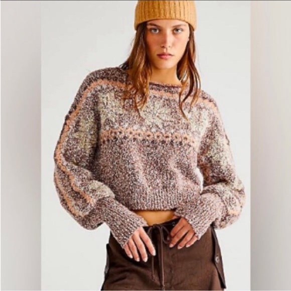 Free People Snowflake Sweater Gingerbread Combo pink cropped small puff sleeve - Picture 2 of 9